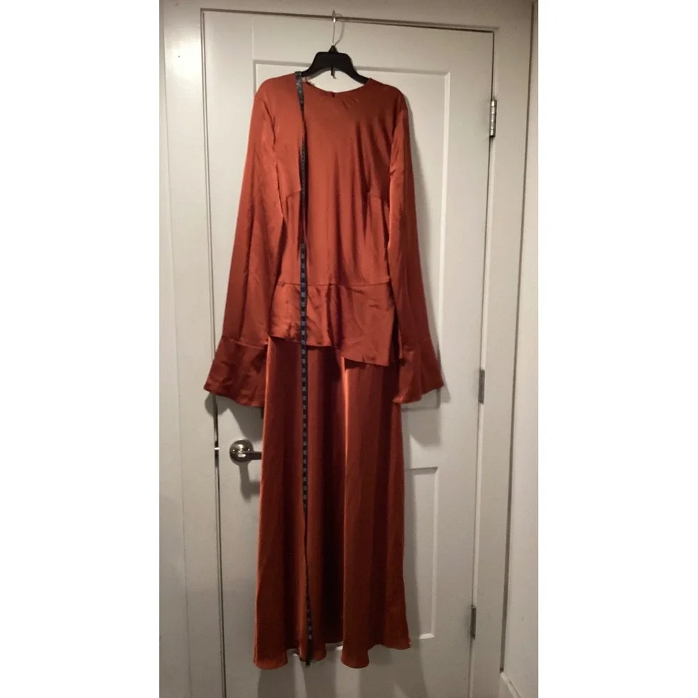 Few Moda Satin Open Back‎ Peplum Maxi Dress Burnt Orange Long Bell Sleeve Formal